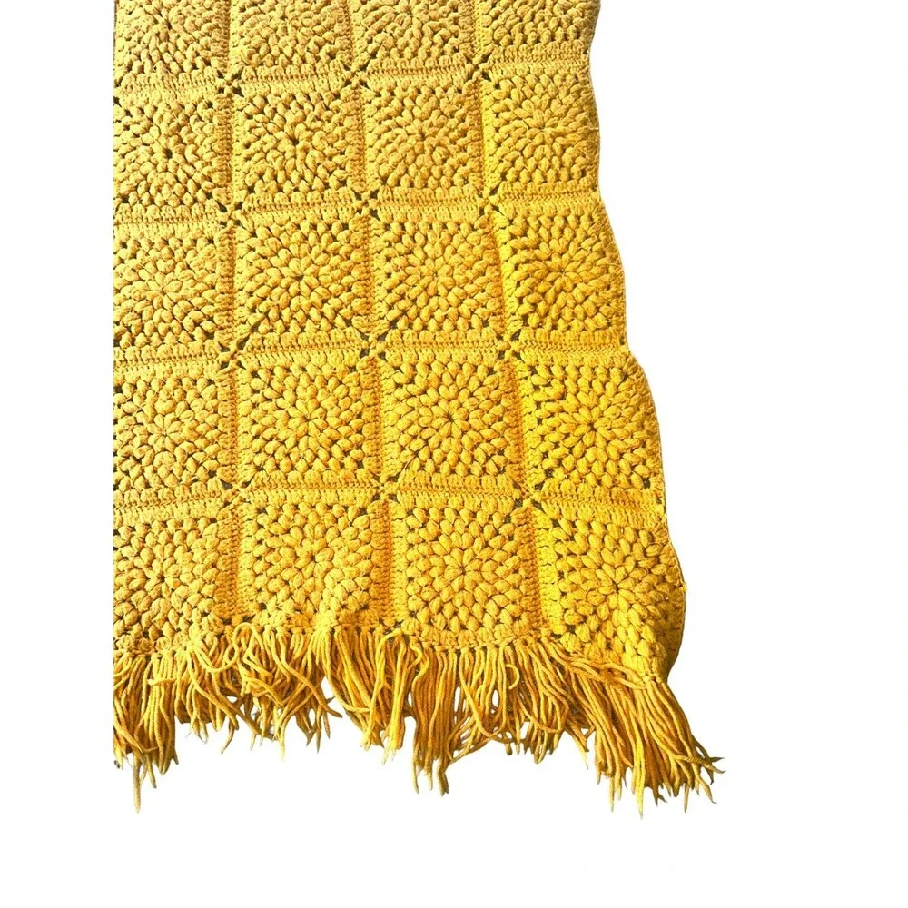 Handmade Yellow Crochet Afghan Blanket Vintage 70s Boho Cottagecore Throw Large